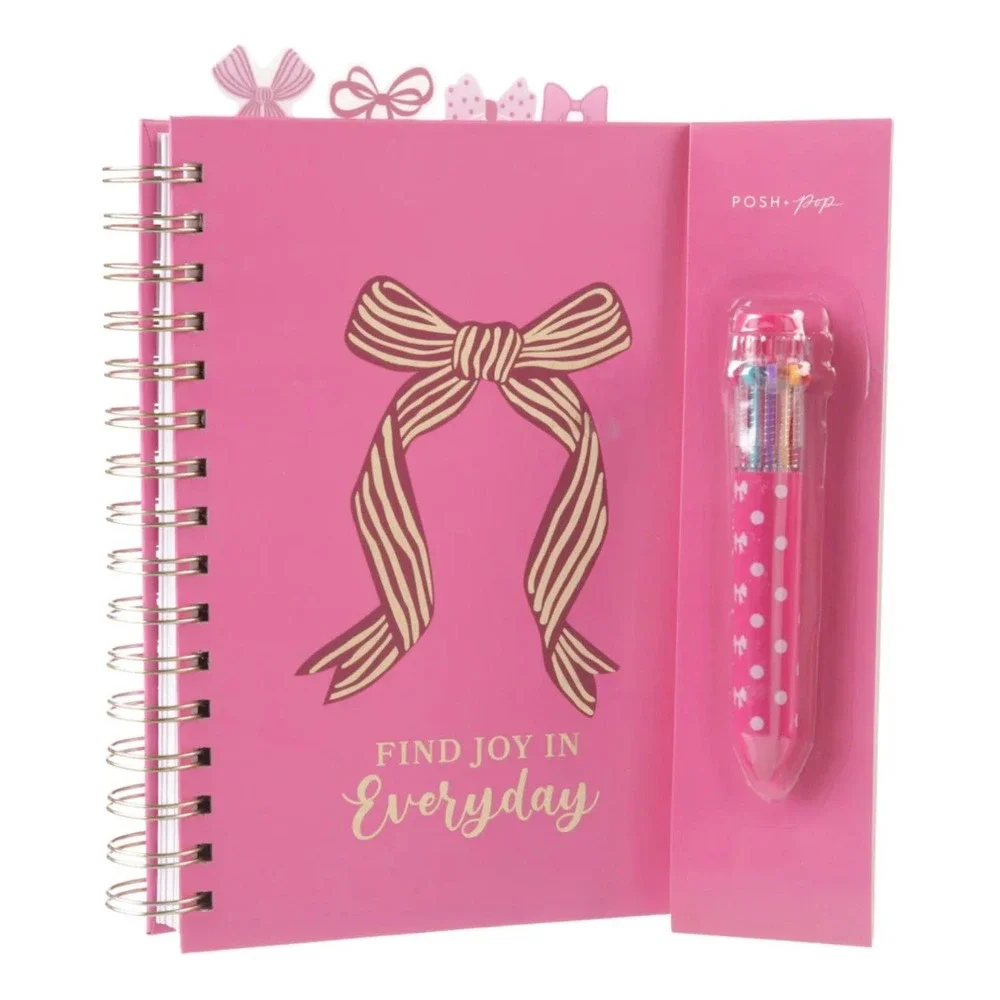 Find Joy In Everyday Pink Bow Notebook and Multi-Color Pen Journal Coquette